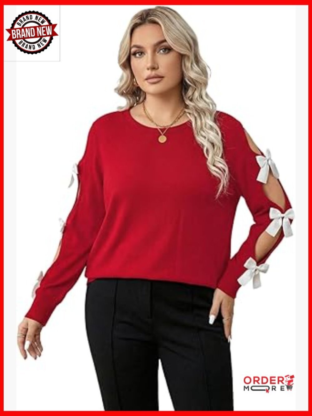 Plus Size Bow Cut Out Crewneck Sweatshirt Long Sleeve Pullover Top